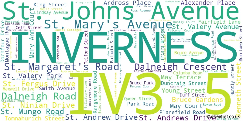 A word cloud for the IV3 5 postcode
